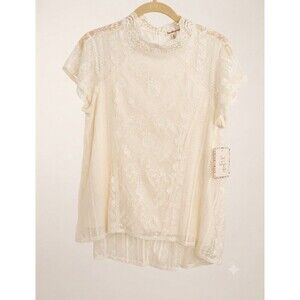 Love on a Hanger Cream Lace Top Mock Neck Short Sleeve Boho Blouse Womens M New